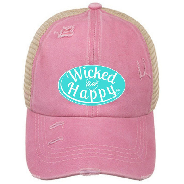 Ponytail Vintage Washed Cotton Adjustable Mesh Trucker Cap - Pink Front/Khaki Aqua/White Logo