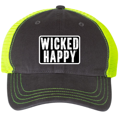 Garment Washed Trucker Cap - Charcoal Front/Neon Yellow Back/Black Logo