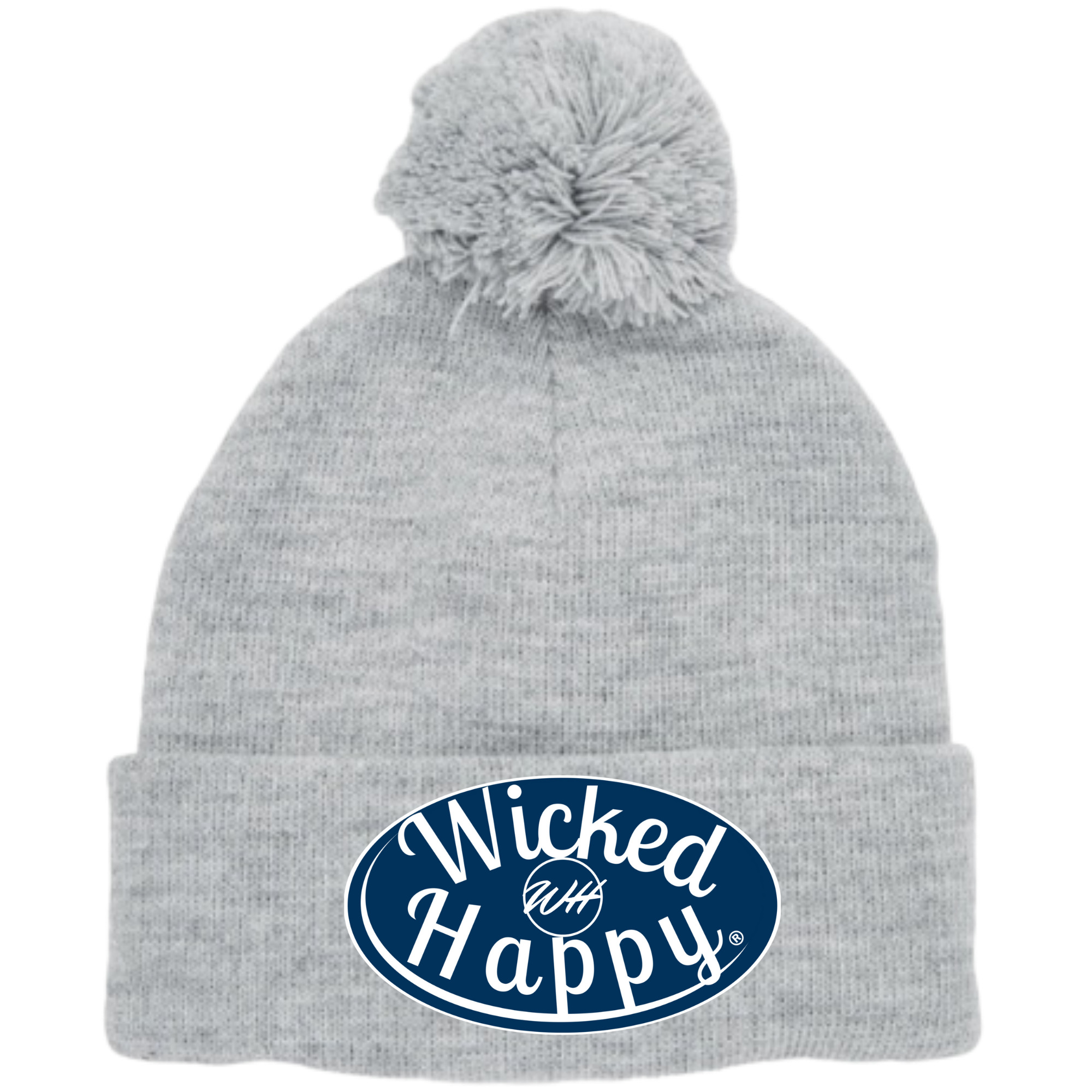 Long Style Pom Pom Beanie Grey - Navy Signature Logo