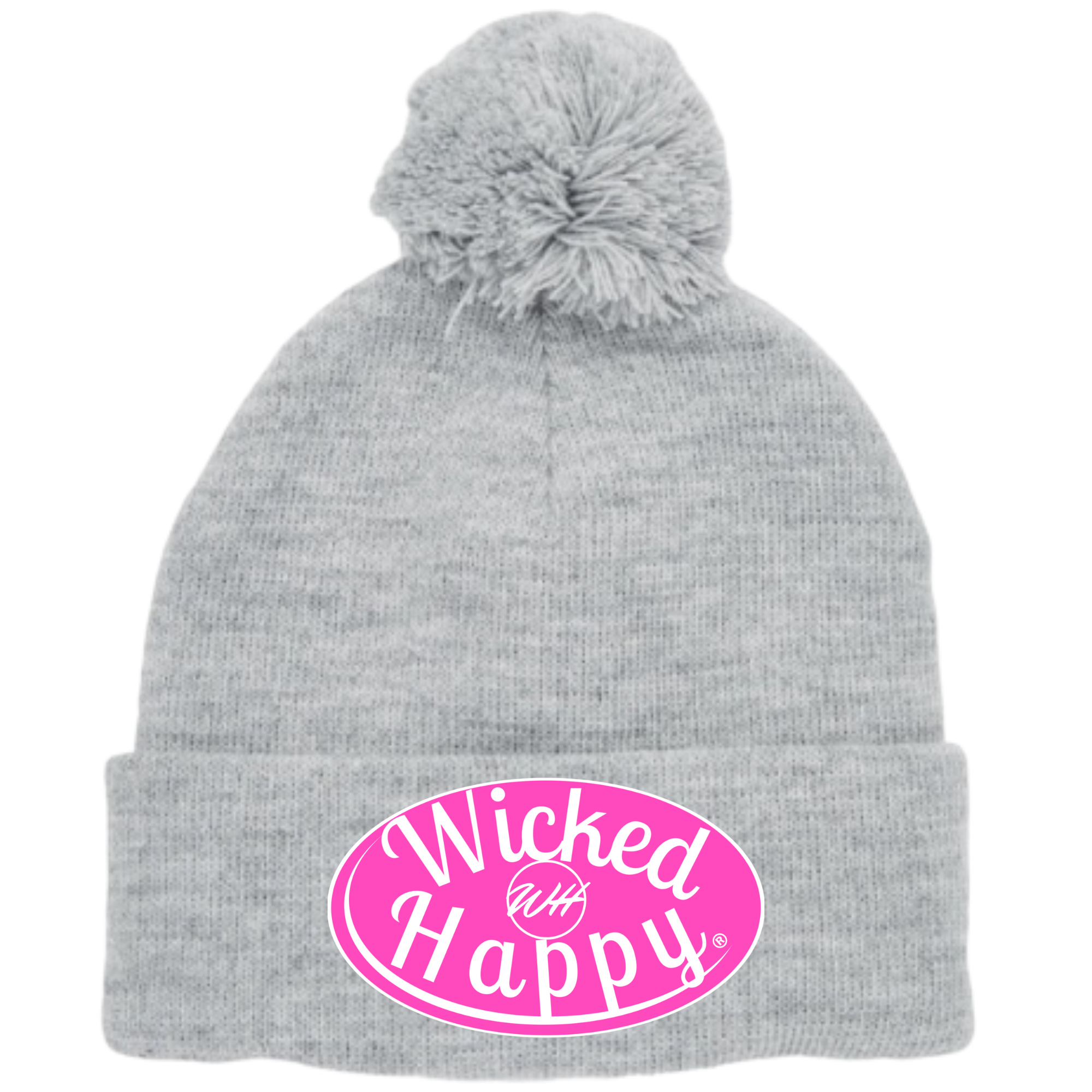 Long Style Pom Pom Beanie Grey - Pink Signature Logo