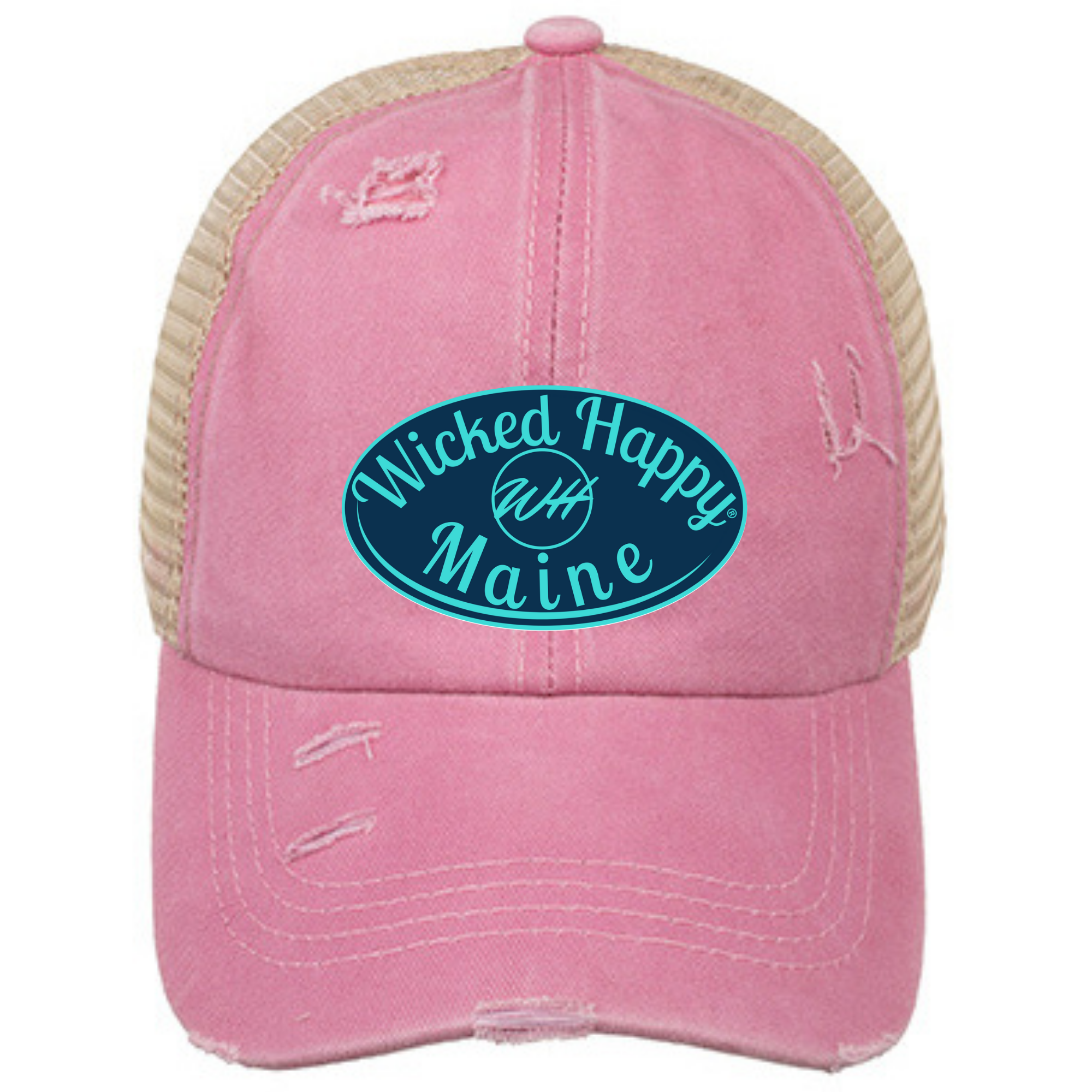 Maine Ponytail Vintage Washed Cotton Adjustable Mesh Trucker Cap - Pink Front/Khaki Back/Navy Logo