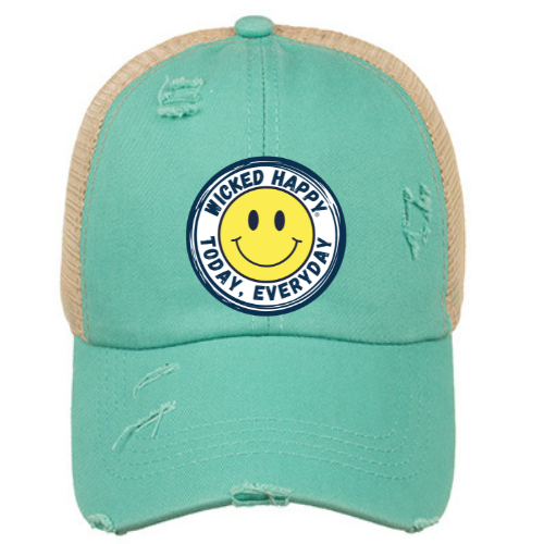 Smiley Ponytail Vintage Washed Cotton Adjustable Mesh Trucker Cap - Green Front/Khaki Back/Navy Logo